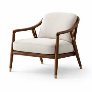 Sedia da relax in legno di noce con rivestimento in tessuto beige