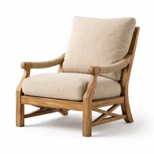 Sedia da relax in legno massello con cuscini in lino beige