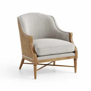 Sedia da relax in tessuto di lino grigio con struttura in legno di quercia e dettagli in rattan